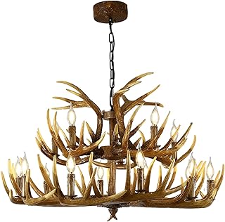 Antler Chandelier Double Layer,15 Lights, Retro Country Style Deer Horn Chandelier Lighting, Antler Candel Holder E12 Base, Antler Lamp for Cafes, Bars, Kitchen (18 Antlers + 15 Lights)