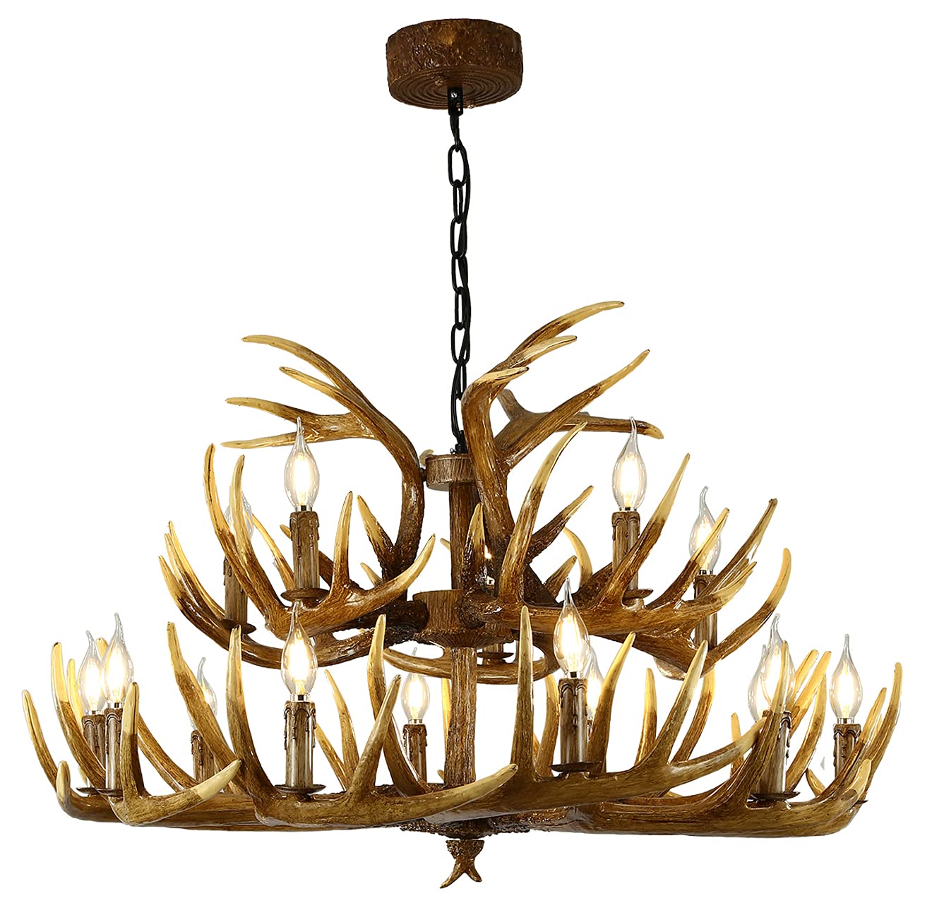 SYAXVOM Antler Chandelier Double Layer,15 Lights, Retro Country Style Deer Horn Lighting, Candel Holder E12 Base, Lamp for Cafes, Bars, Kitchen (18 Antlers + 15 Lights)