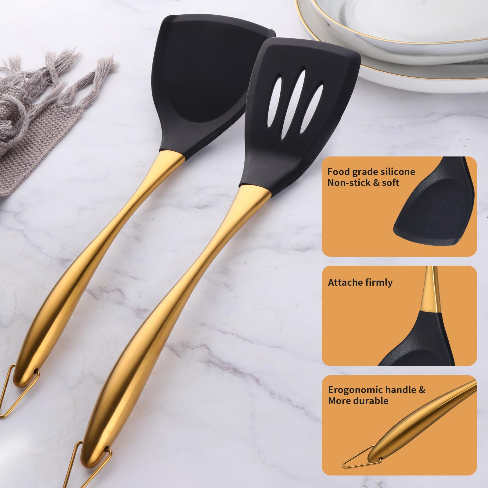 TEHAHA - Paquete de 2 espátulas de silicona, espátula de silicona de grado alimenticio y ranurada, espátula de silicona resistente al calor con mango de acero inoxidable, utensilios de cocina
