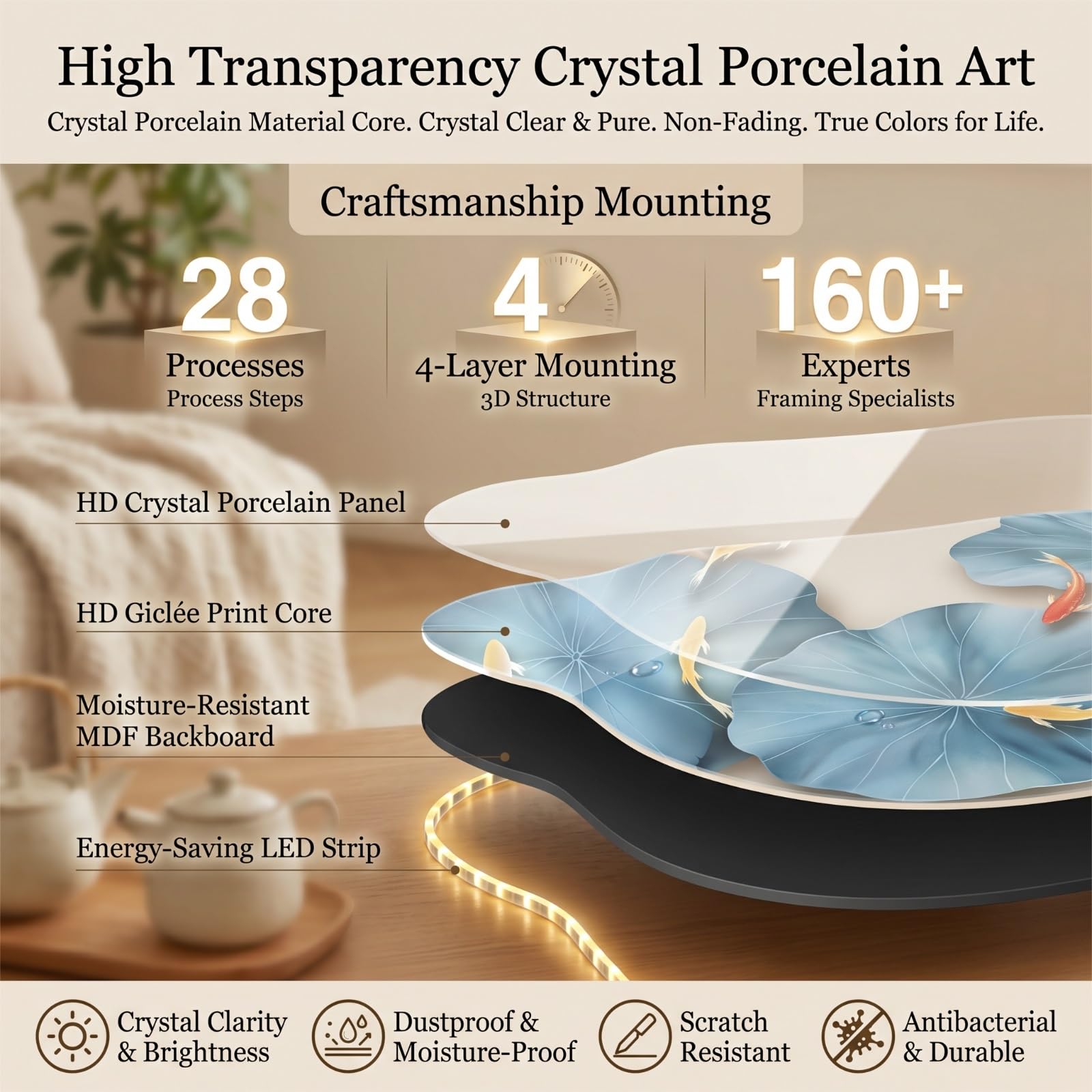 Crystal Porcelain Dekoracyjny Zegar Ścienny z Światłem 3D Wall Art Clock Decor Acrylic Crystal Porcelain Craft Mural Rzeźba Obraz Salon Sypialnia Biuro Korytarz(B,40 * 80CM)