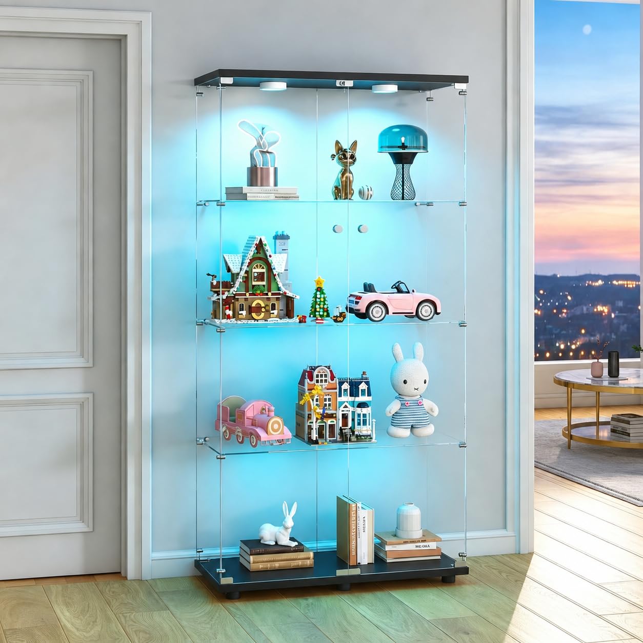 Photo 1 of Kiivakii 4-Tier Glass Display Cabinet with Lights, Black, Double Door