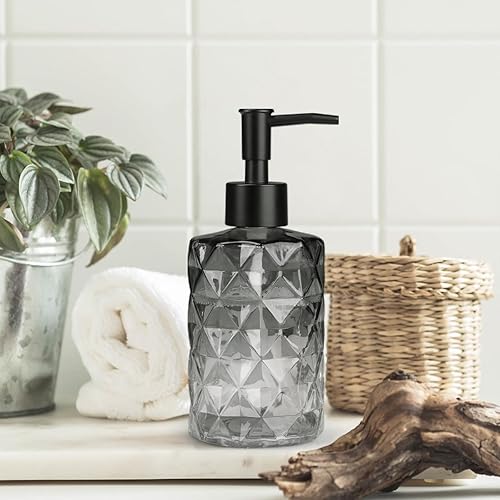 Miniatura 6 de Dispensador de jabón de vidrio con bomba de plástico, 1 paquete de 11 oz con diseño de diamante degradado dispensador de jabón negro para líquido de