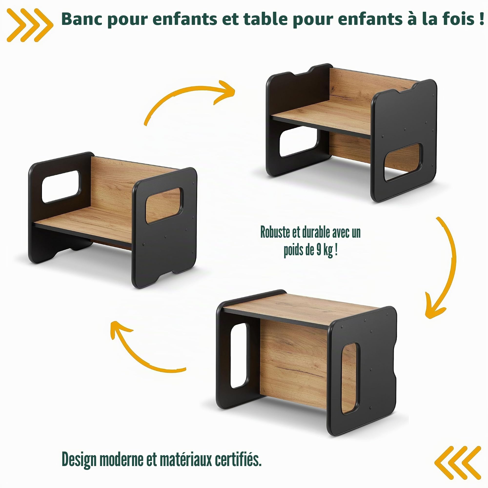 defiPad Banc en Bois évolutif pour Enfants - Modulable en Table et siège - 2 hauteurs d'assise - Élément de mobilier pour Aire de Jeux (Noir + Chêne)