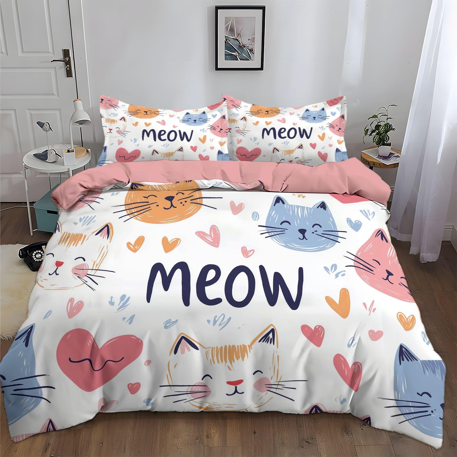 Duvet Cover King Size Cartoon Colorful Cat Reversible 3 Pieces Duvet Cover Set, Bedding Set for All Season, Soft and Breathable Bedding Set with Zipper Closure