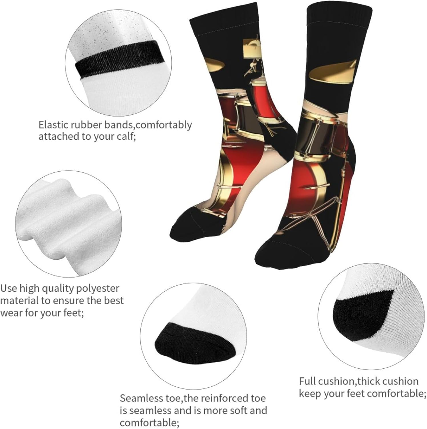 Drum Set Unisex Adult Fun Cool 3D Print Colorful Athletic Sport Novelty Crew Tube Socks - Image 7