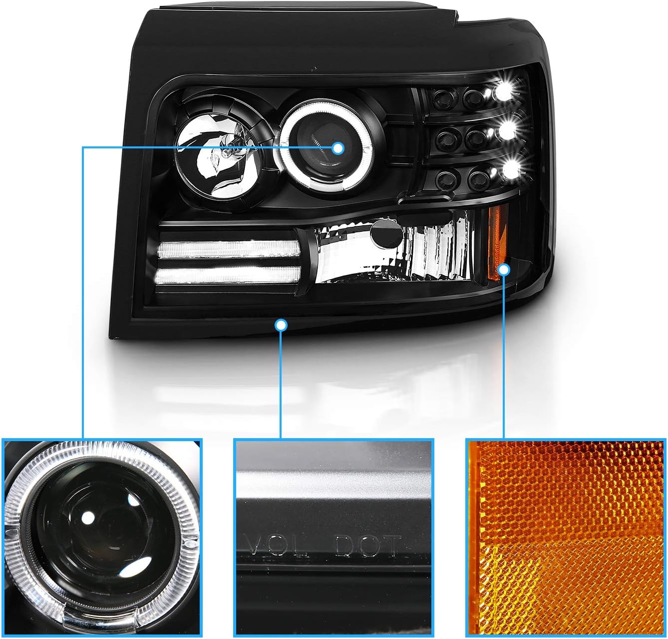 AmeriLite LED Halo Bar Projector Replacement Halogen Car Headlights Set For Ford F150/F250/F350/Bronco - Passenger Right and Driver Left Side, Vehicle Light Assembly, Black