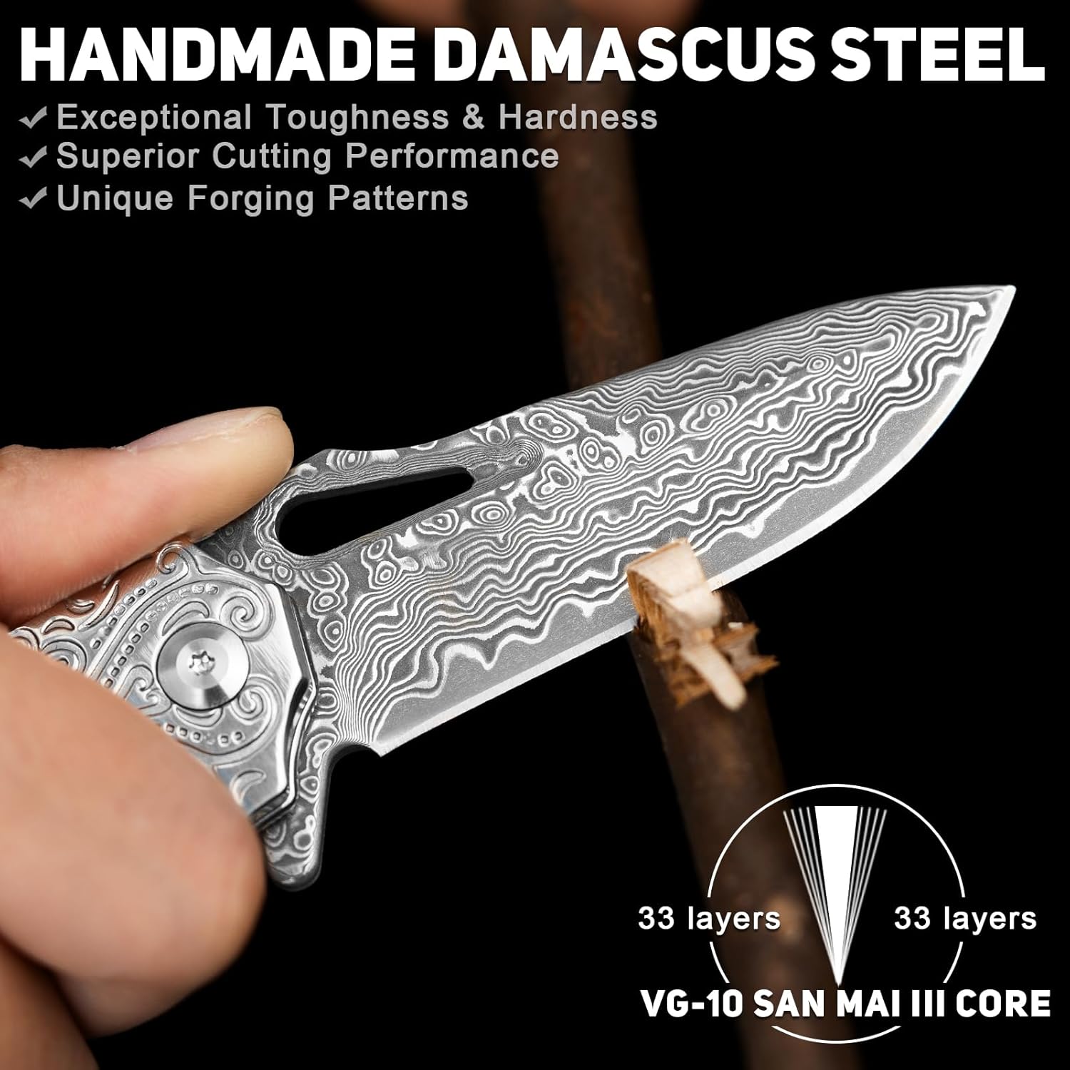 NedFoss TIGERSHARK Damascus Pocket Knife for Men, 2.75" Hand Forged VG10 Damascus Folding Knife with Sandalwood Handle & 3D Bolster, Pocket Clip, Unique EDC Gift