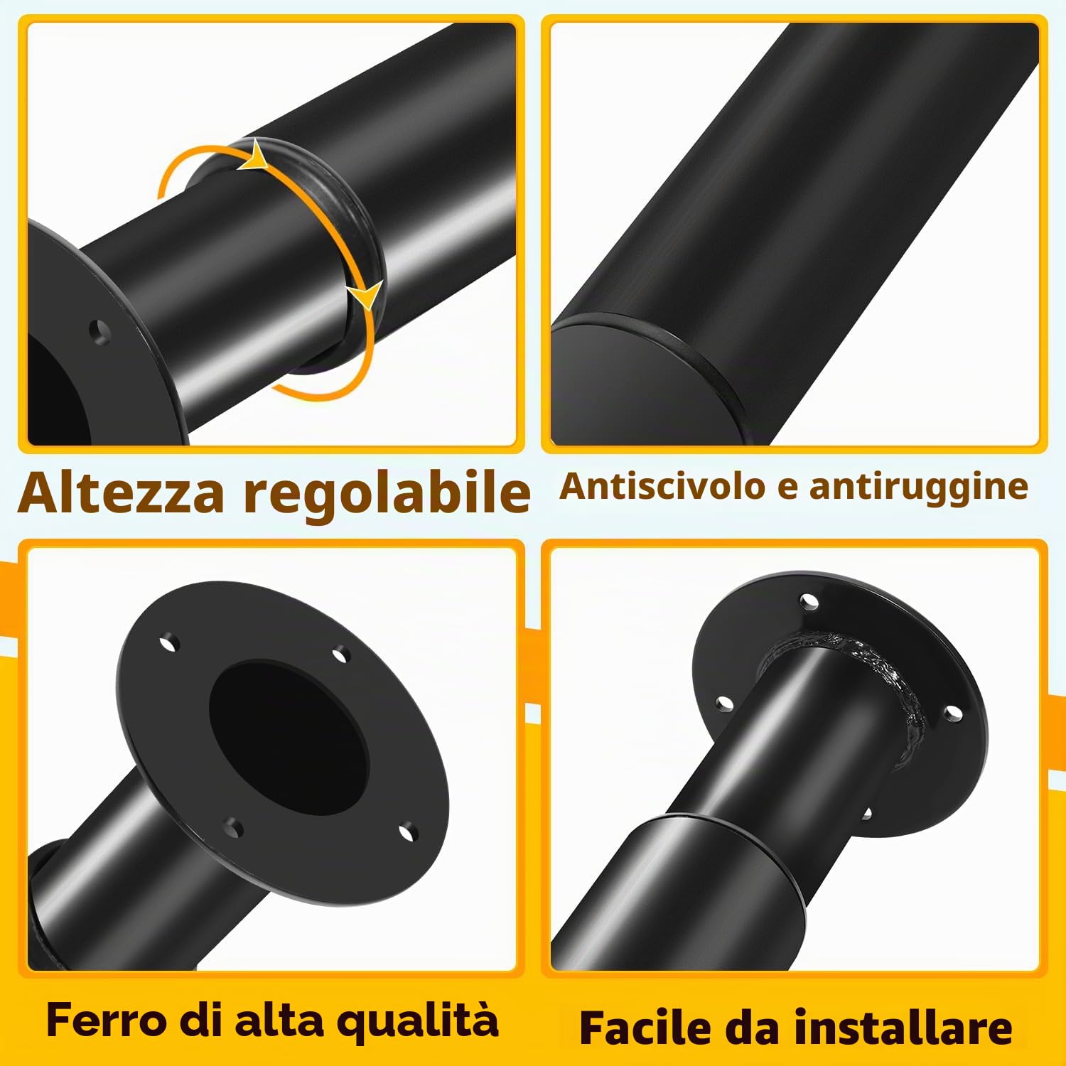 Confezione da 4 piedini per mobili, gambe regolabili da 70 a 110 cm, Fino a 200 kg per mobili, gambe da tavolo in acciaio, Caricabile divano-letto, comodino, armadietto (nero)