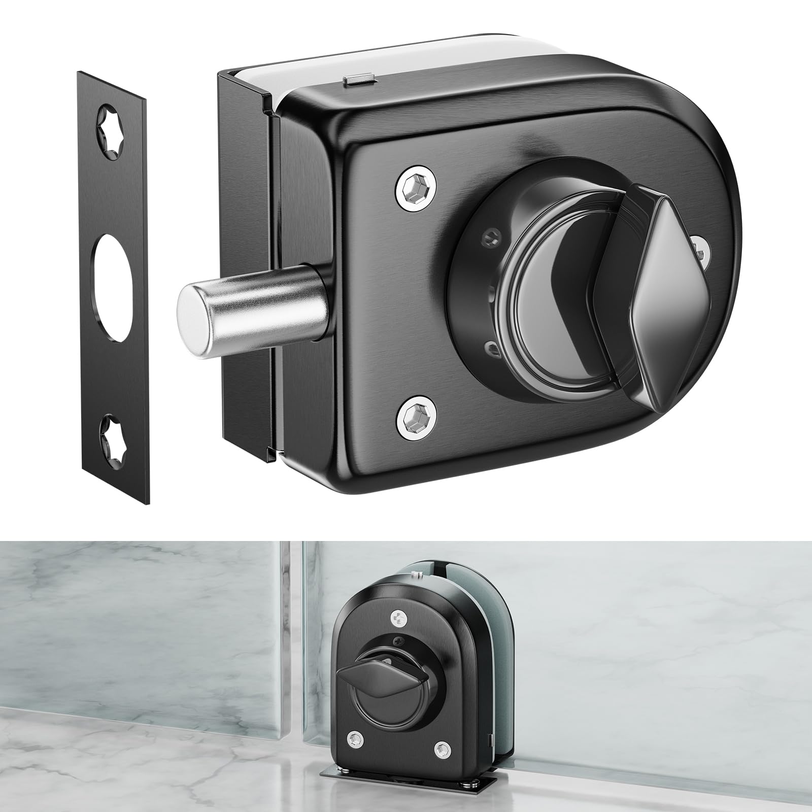 Ranbo Brushed Black Frameless Swinging Door Floor Bolt Lock, No-Drill, 304 Stainless Steel, For 3/8''-1/2''(10Mm-12Mm) Sliding Glass Doors, Office, Commercial Doors,