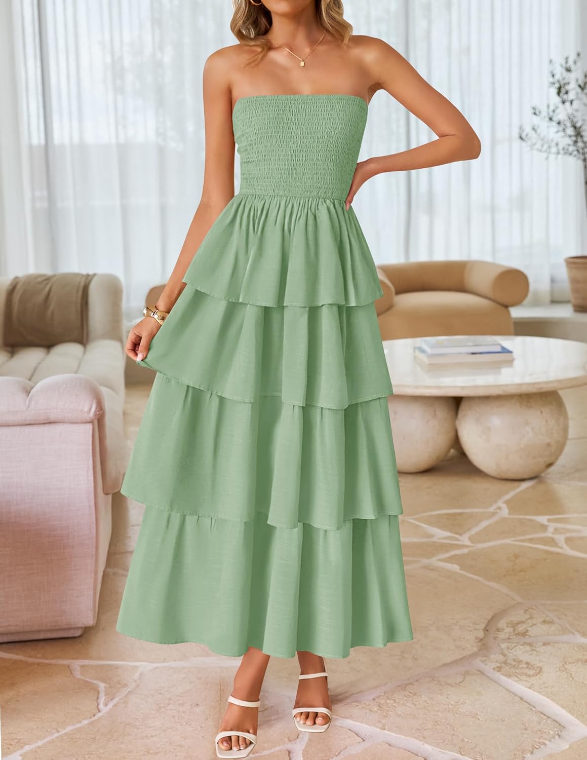 ZESICA Women‘s Summer Boho Strapless Maxi Dress 2026 Casual Sleeveless Off Shoulder Smocked Tiered Beach Long Sundress - Image 9