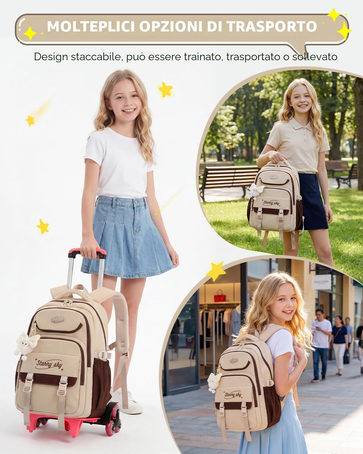 Amythe Zaino Scuola Trolley Sganciabile, 30L Zaini con Ruote per Scuola Elementare e Media, Zaino Rotelle per Ragazze Adolescenti Borsa Casual da Viaggio
