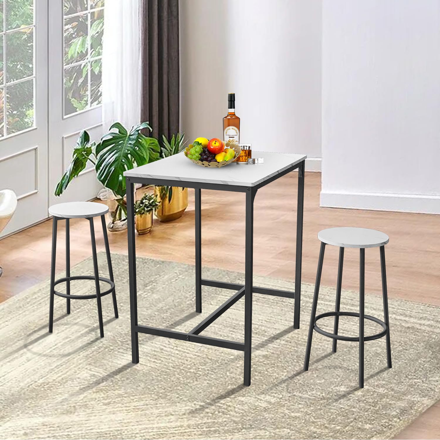 AT-VALY Juego de mesa de bar de 3 piezas con 2 taburetes, juego de mesa de comedor, espacios pequeños (negro)