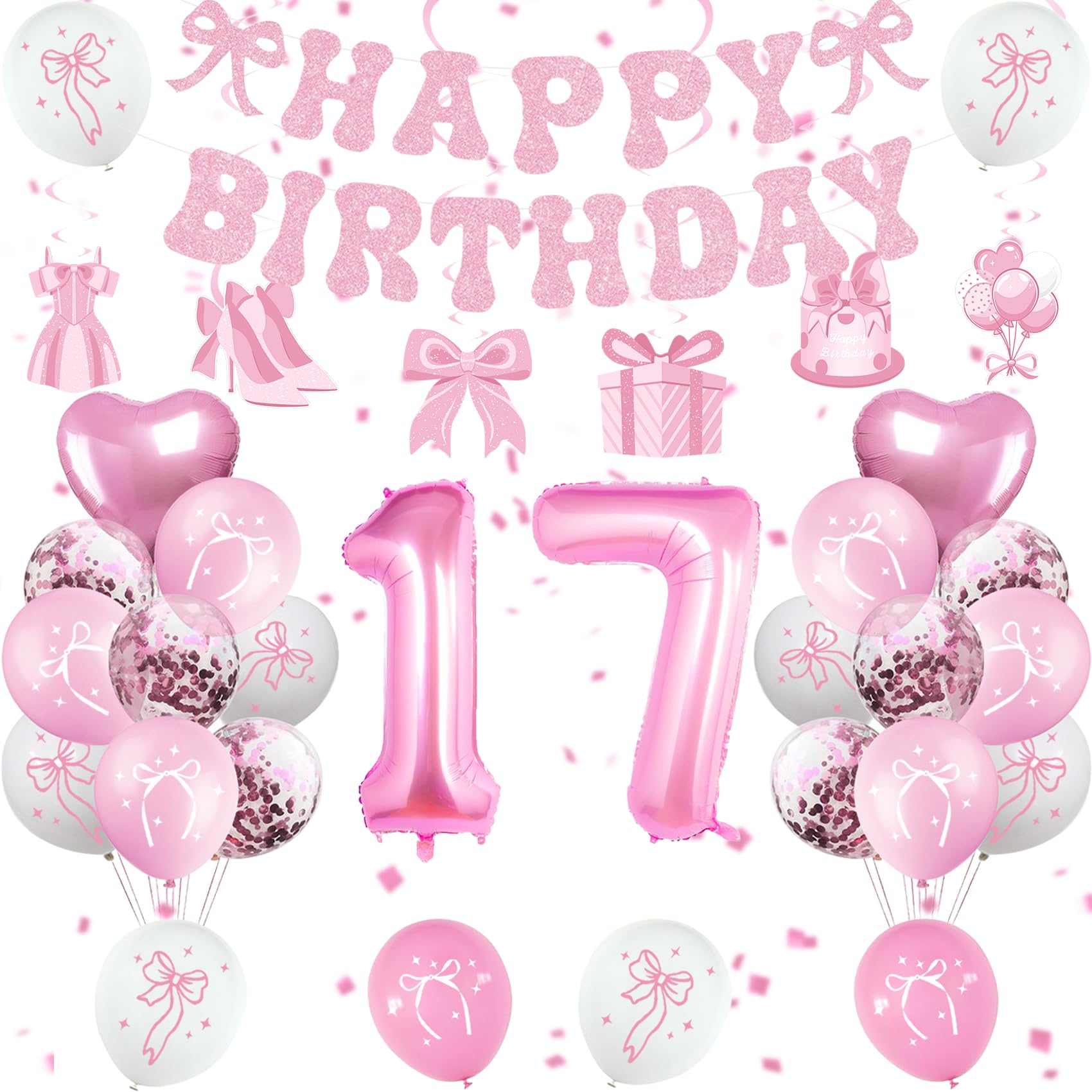 Miidenks 17th Birthday Decorations for Girls, Pink Bow Coquette 17 Birthday Balloons Set,33 Pieces, Includes Banner, Hanging Swirls, Balloons, Perfect