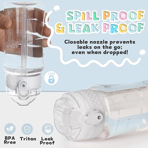 Miniatura 3 de Botella de agua de 12 oz con popote y 10 calcomanías, sin BPA, motivacionales con marcador de tiempo y medidas, sin fugas, se abre con un clic,