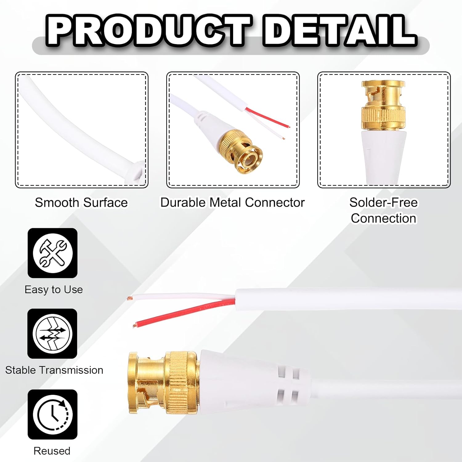 MECCANIXITY BNC Pigtail 0.6FT Coaxial Extension Cable Male to Bare End for DVR CCTV Camera Security System Monitor Video(White 5pcs)