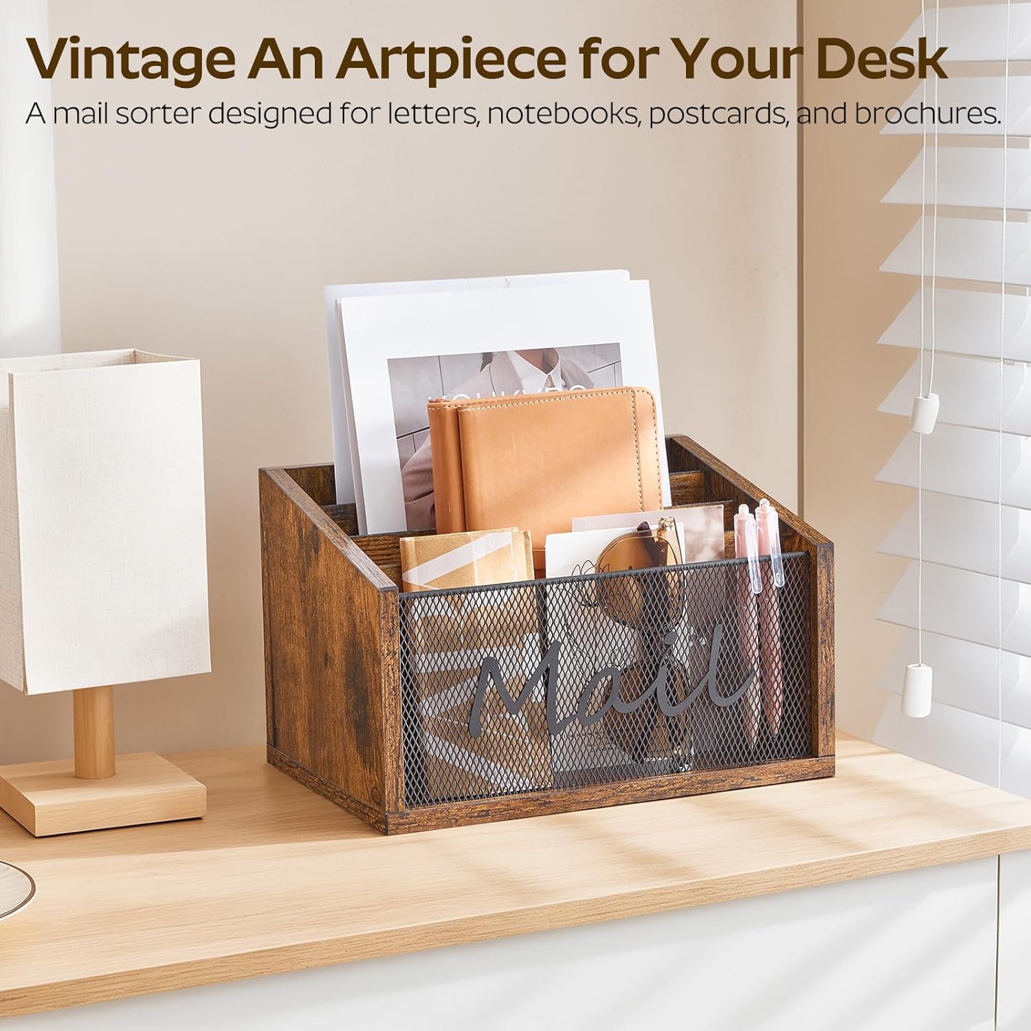 Vinyl Record Holder, Holds 80-100 LP Record Storage Rack, Mail Organizer Countertop, Mail Holder with 4 Slots, CJ06BR-MR04BR