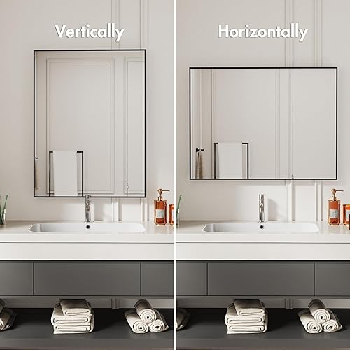 Miniatura 10 de LUSABE Espejo de baño con marco negro de 30 x 36 pulgadas, espejo de tocador para pared, espejo rectangular moderno para granja, marco de aleación