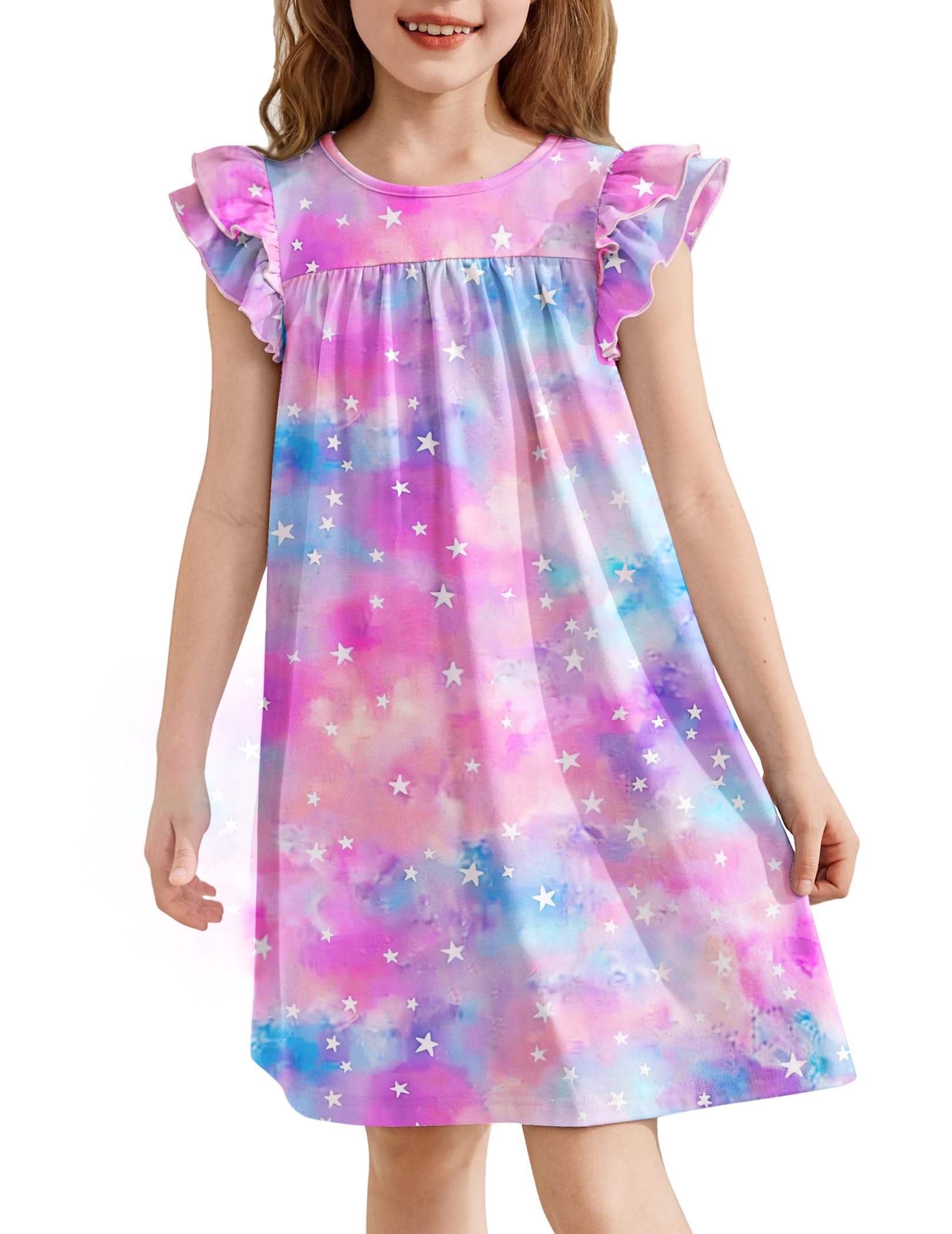 Arshiner Camisón para Niña con Mangas Volantes Vestido de Dormir para Niñas Verano Pijama de Manga Corta Cuello Redondo 5-14 Años — view 10