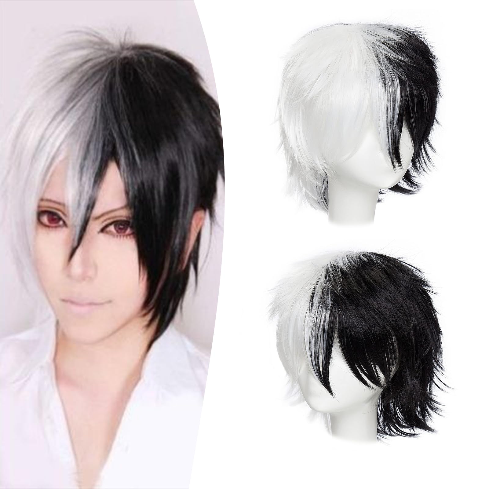 Dcbaboo Black and White Short Curly Wig 12", Natural Fluffy Layered Straight Hair for Men/Women
