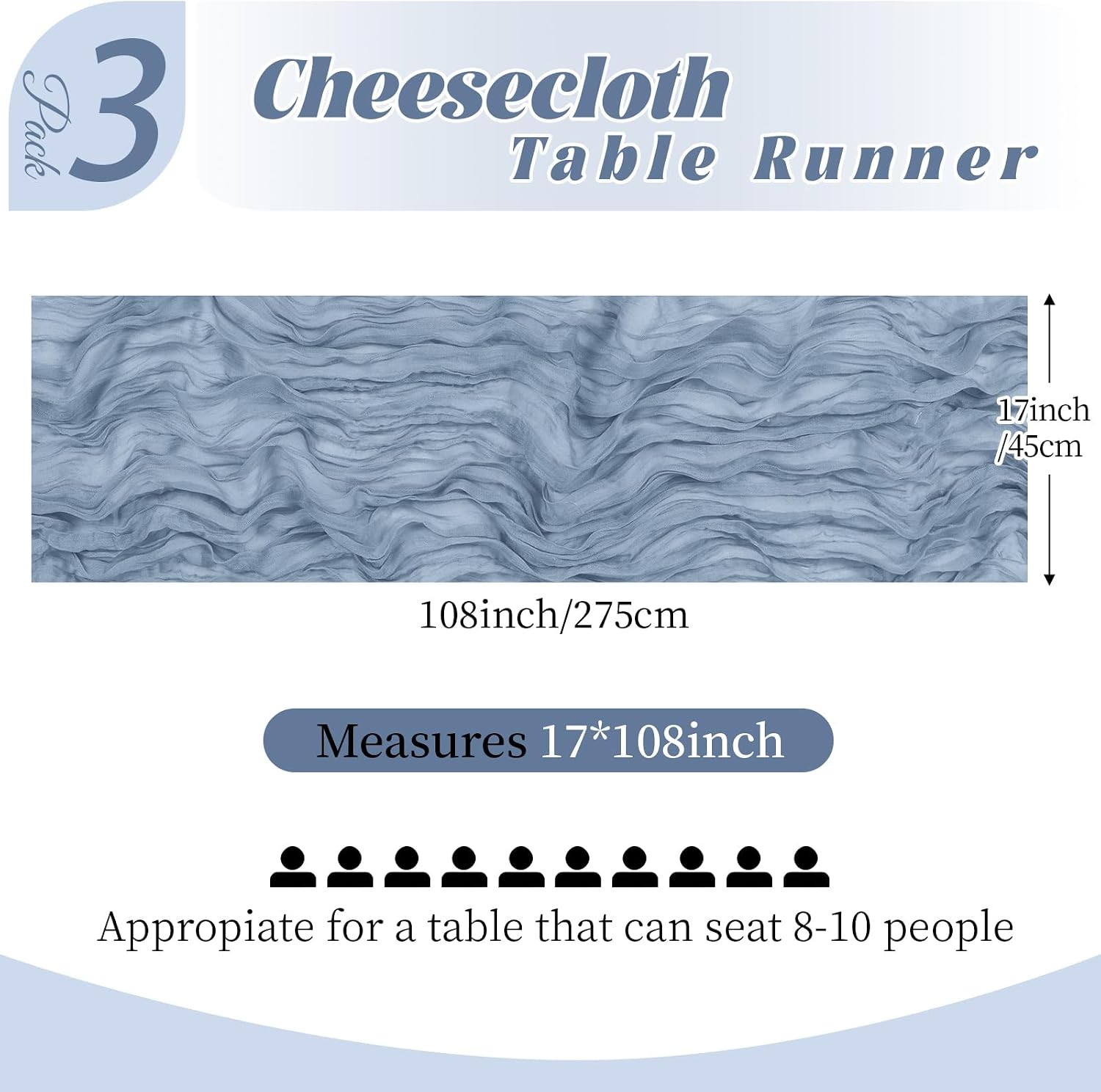 3 pack dusty blue cheesecloth table runner, 17 x 108 inch, gauze cheese cloth table runner rustic sheer runner for wedding birthday party baby shower table decor(dusty blue)