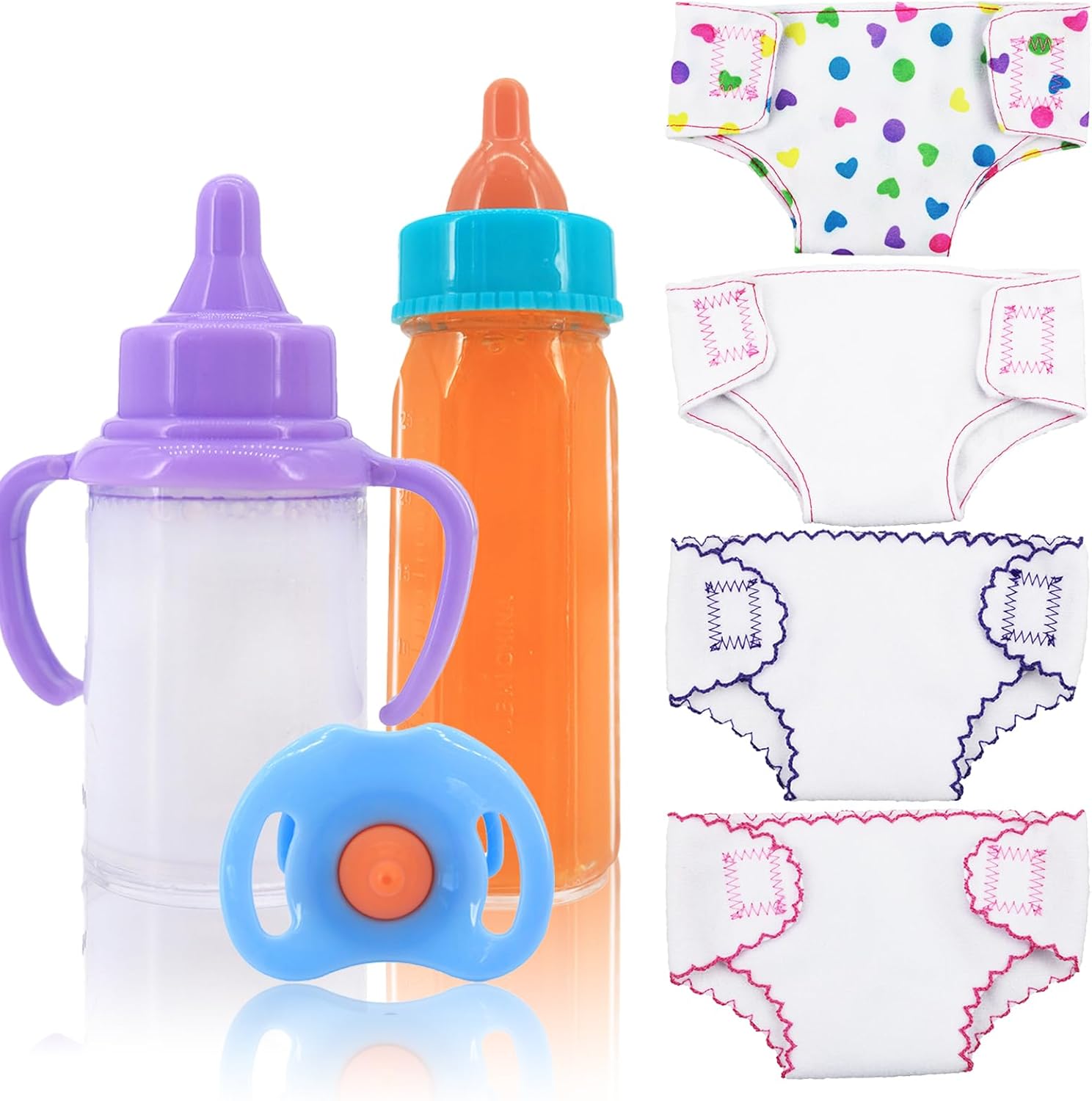 7 Pcs Baby Doll Accessories, 4 Doll Diapers for 14-18 Inch Doll, Magic Disappearing Milk & Juice Bottles with Toy Pacifier for Reborn Baby Doll Diapers and Feeding Bottle Toys Reusable