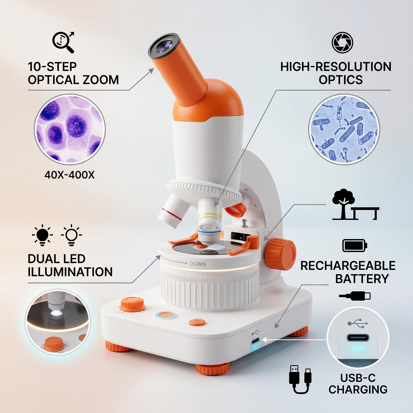 VBESTLIFE Microscopio para Niños, Aumento de 40-400X con 12 Diapositivas Preparadas y Luces LED Duales, para Estudiantes Principiantes, Laboratorio de Educación en el Hogar