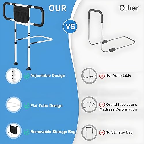 Vista 5 de Rieles de cama para adultos mayores de seguridad - Rieles laterales ajustables con pata de apoyo, bastón de cama con bolsa de almacenamiento y luz