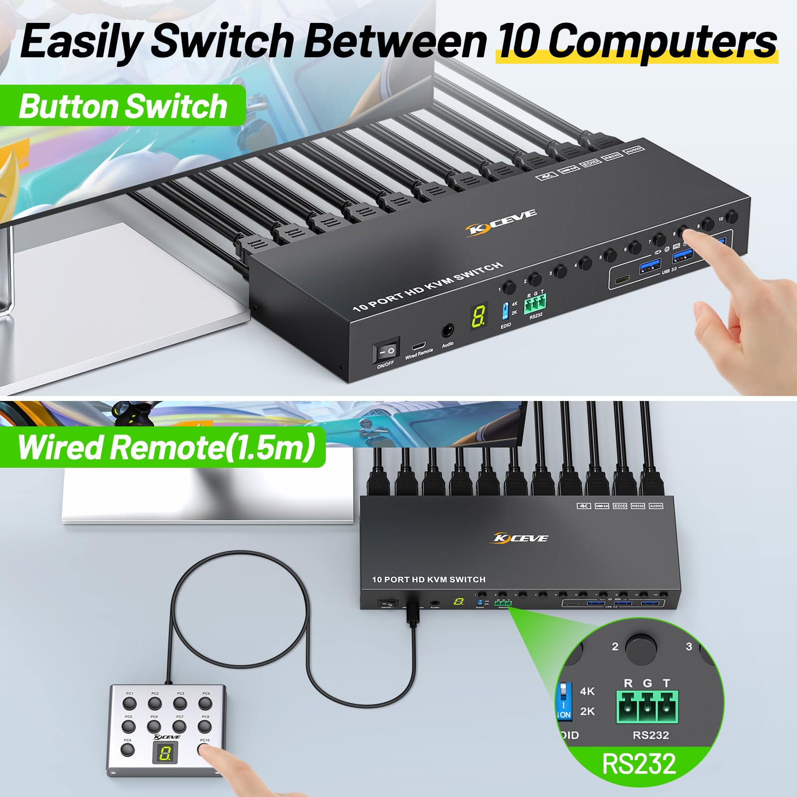 10 Port 8 Port KVM Switch HDMI 4K@60Hz EDID-Simulation，USB 3.0 HDMI KVM Switch für 10 PC Teilen Sie 1 Monitor und 4 USB-Geräte，KVM Switches mit Audio，RS232，Desktop-Steuerung，12V Strom und 10 USB-Kabel