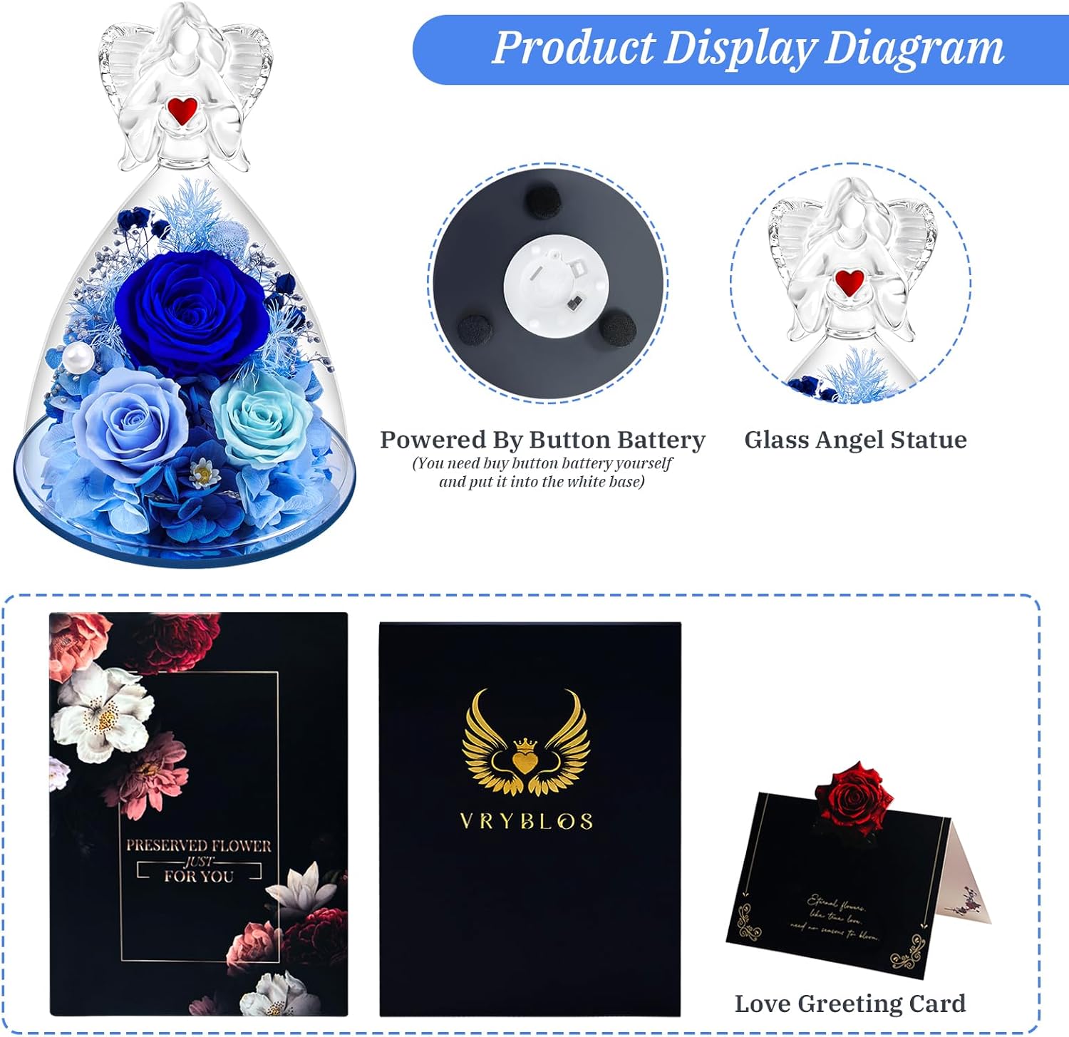 Preserved Flowers in Glass Angel Figurine with LED Light,Forever Real Roses Prime Eternal Flower Birthday Glitter Decorations for Her Women Mom Grandma Sister (Blue)