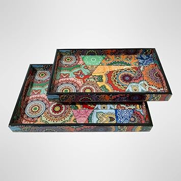 Rectangle Trays Set of 2 | Serving Trays | Gift Item | Multipurpose Tray | | Kitchen , Dining , Decorative Product | Resin Tray | Handicraft Product | Neelkanth Tray (Multicolor1), Rectangular