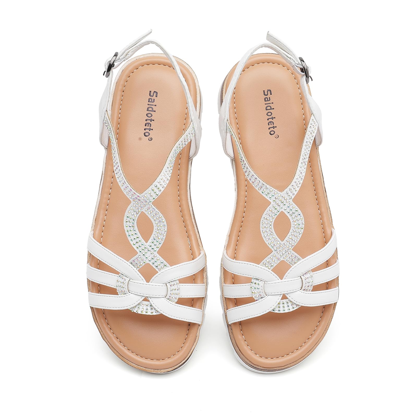 Saidoteto Women's Wide Flat Sandals,Casual Open Toe Strappy Slip-on Summer Dressy Platform Sandals with Sparkling Rhinestones