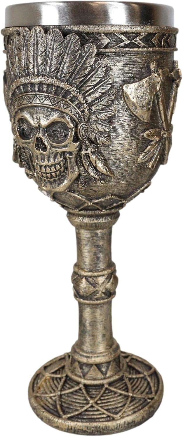 Ebros Gift Native American Indian Tribal Chief Skull With Roach Headdress And Crossed Double Axes Wine Goblet Glass Chalice Drinkware Ossuary Macabre Accent In Faux Bronze Finish