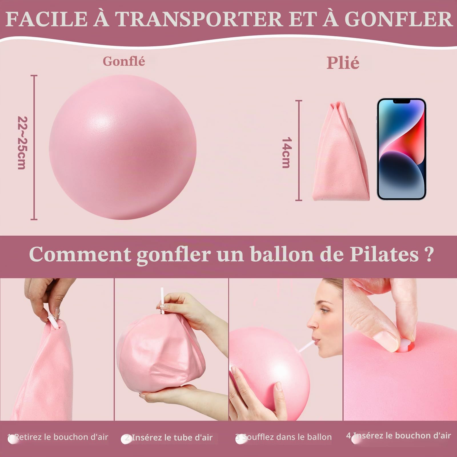Vortix Lot de 3/6 balles de Pilates 25 cm – Anti-explosion, antidérapantes – Ballon de gymnastique avec tuyau gonflable, pour yoga et muscles du plancher pelvien
