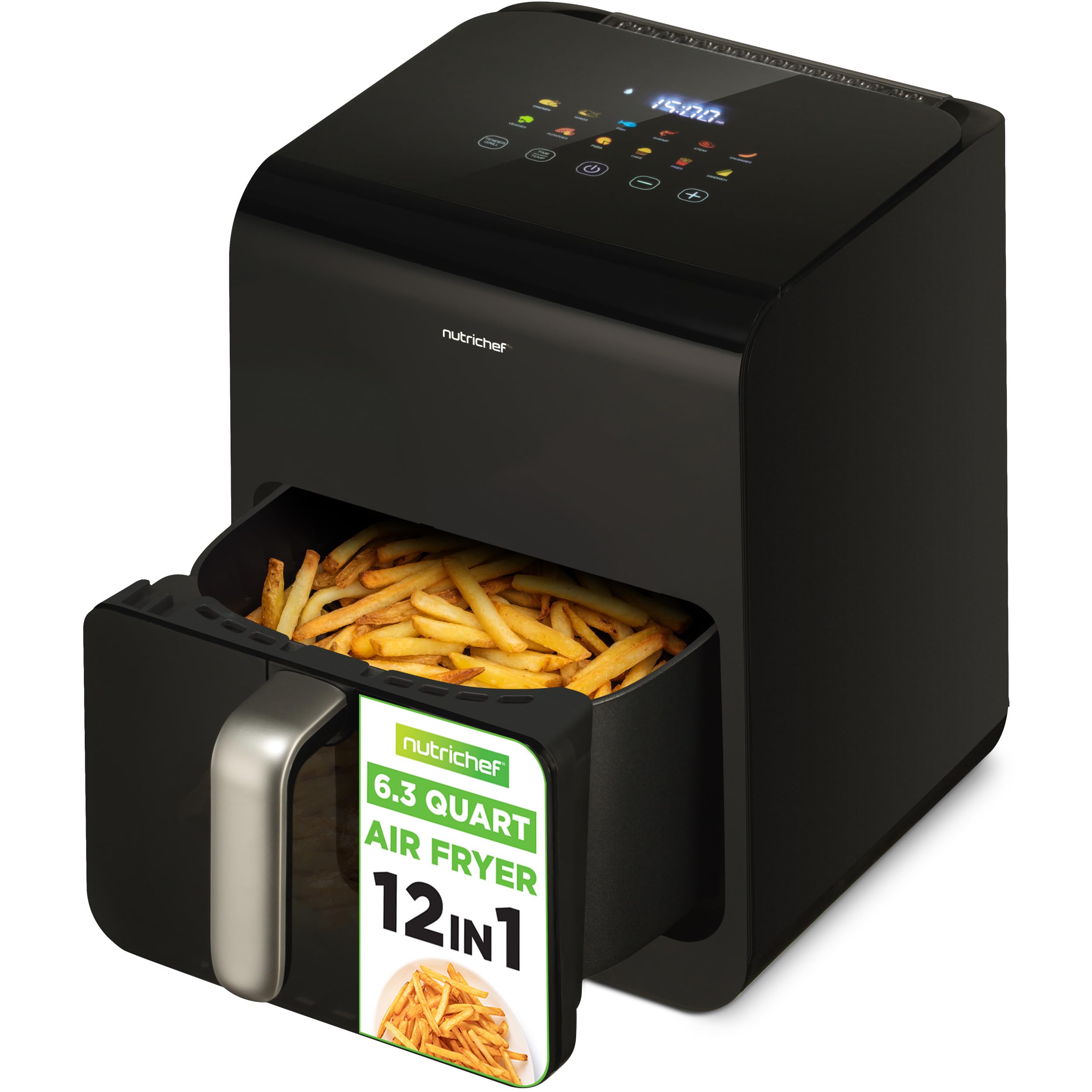 Nutrichef 6 Liter Electric Air Fryer | 12-1 Preset Cooking Functions | Includes Tenderizing Function | Digital Display | Transparent Window For Best Cooking Results | 14.05 x 10.51 x 13.97 | Black