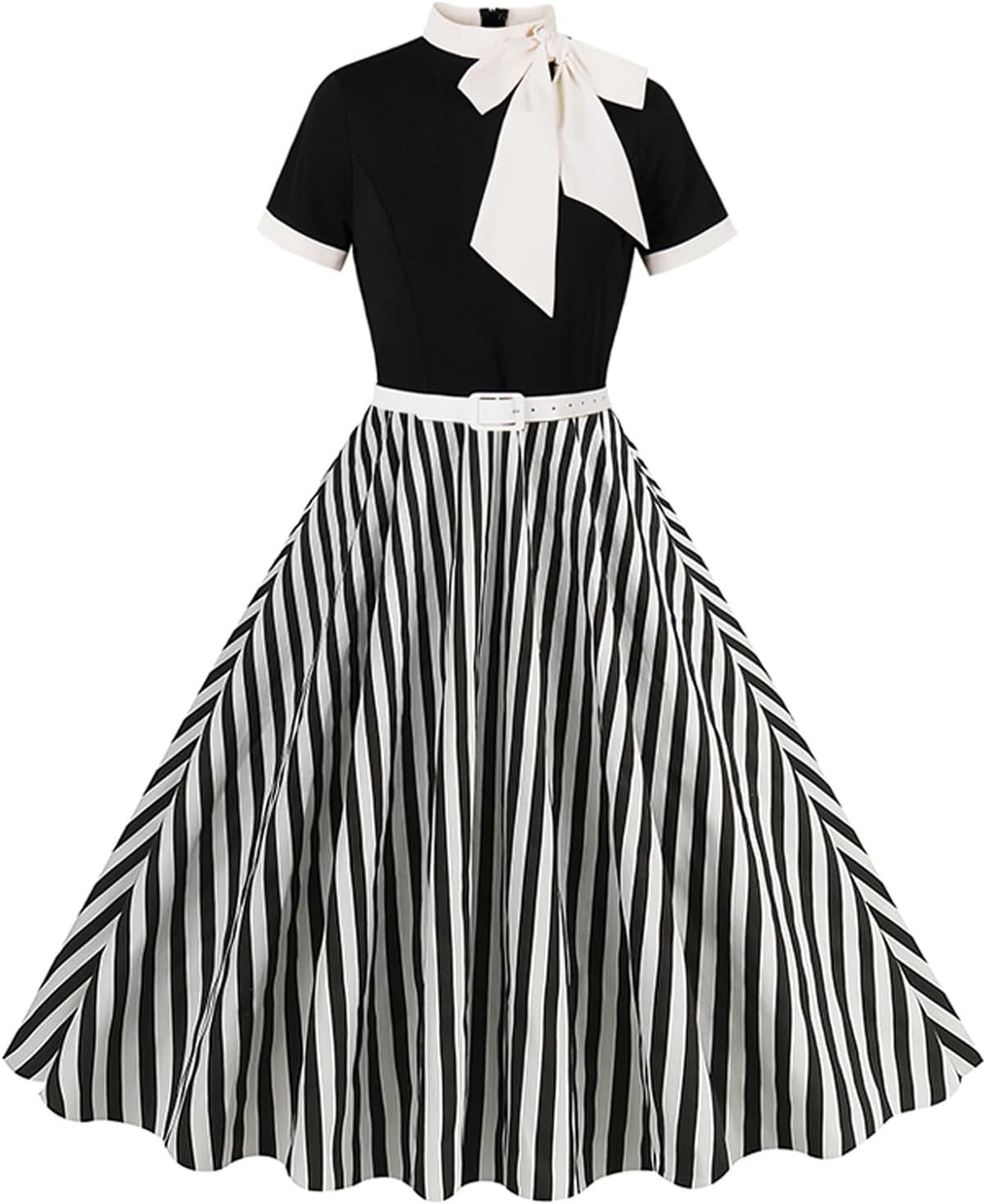 50s Style Dresses for Women Vintage Short Sleeve Tie Neck Swing Dress Midi Prom Dress with Belt