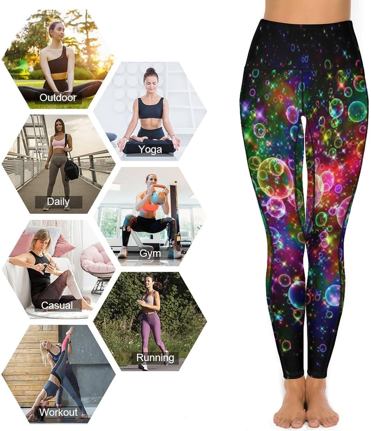 Fantasy Rainbow Color Bubble High Waist Yoga Pants Workout Leggings for Women with Pockets Running