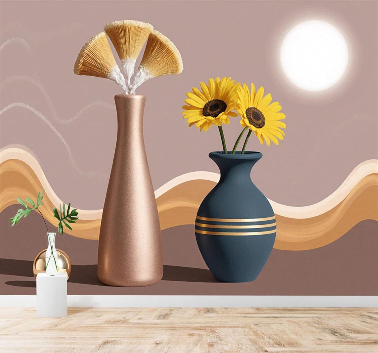 Tzxztt 400Cm×280Cm(B×H) Minimalist Sunflowers Vase Abstract Waves Warm Tones Modern 3D Wallpaper Premium Textured Silk Neutral Tones Material Ideal For Living Room Bedroom-400Cm×280Cm