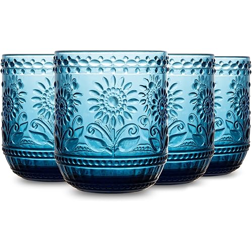 Glass Cups Vintage Glassware Drinking Glass Set of 4, Embossed Floral Decorative Glasses Set, for Water, Whisky, Juice, Beverages, Cocktail, Colored Glassware-12 OZ (Blue)