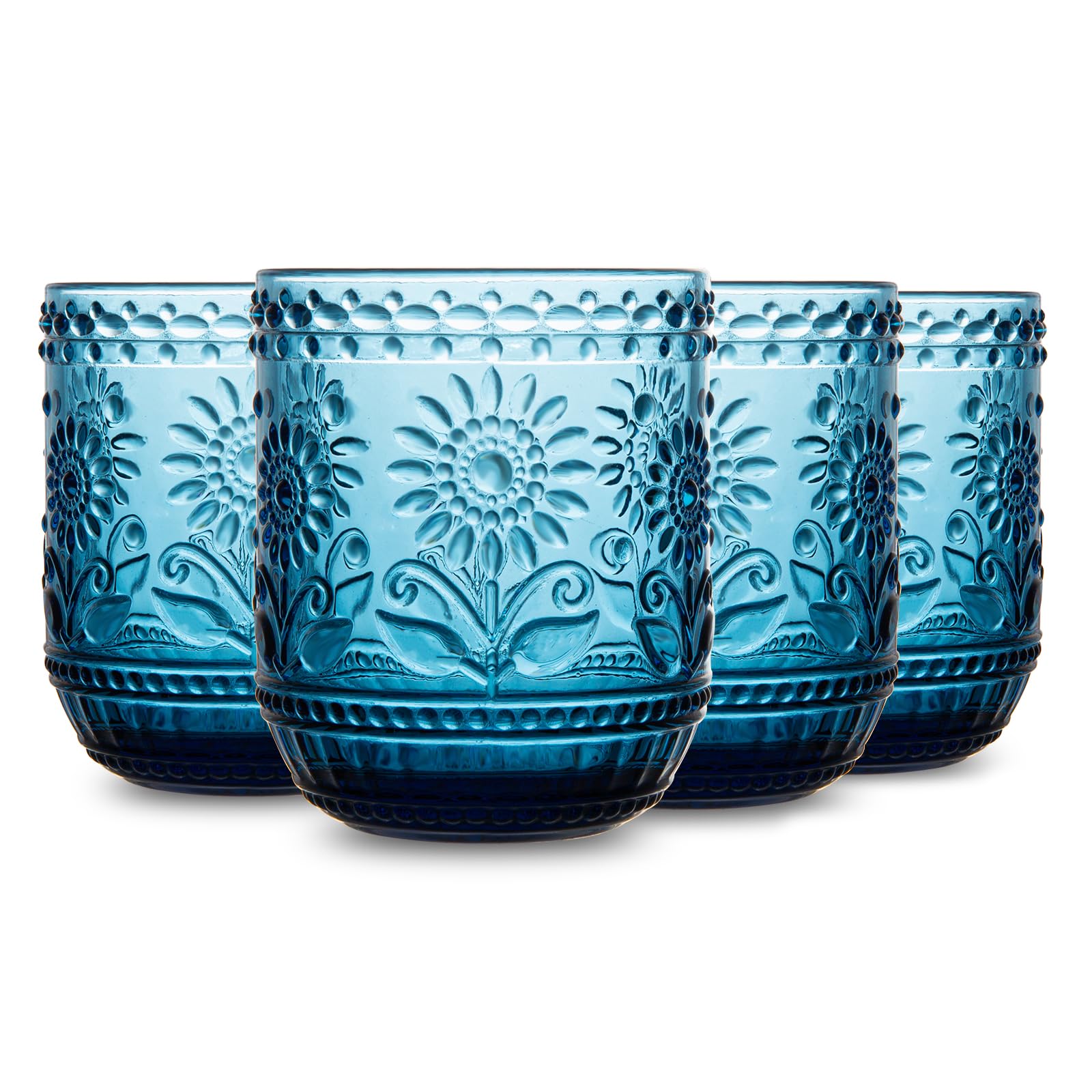 Glass Cups Vintage Glassware Drinking Glass Set of 4, Embossed Floral Decorative Glasses Set, for Water, Whisky, Juice, Beverages, Cocktail, Colored Glassware-12 OZ (Blue)