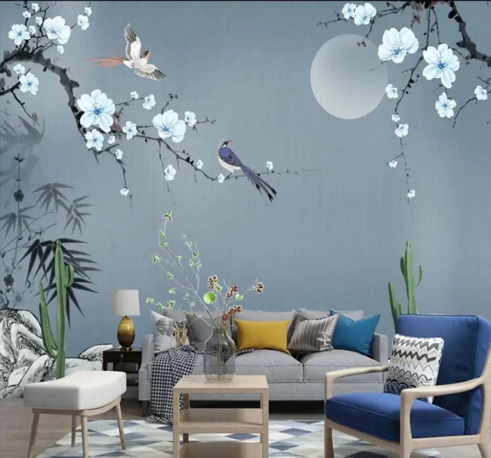 Tzxztt Hand Drawn Elegant Bamboo Leaves Plum Blossoms Moon Modern 3D Wallpaper Premium Textured Silk Neutral Tones Material Ideal for Living Room Bedroom-250cm×170cm
