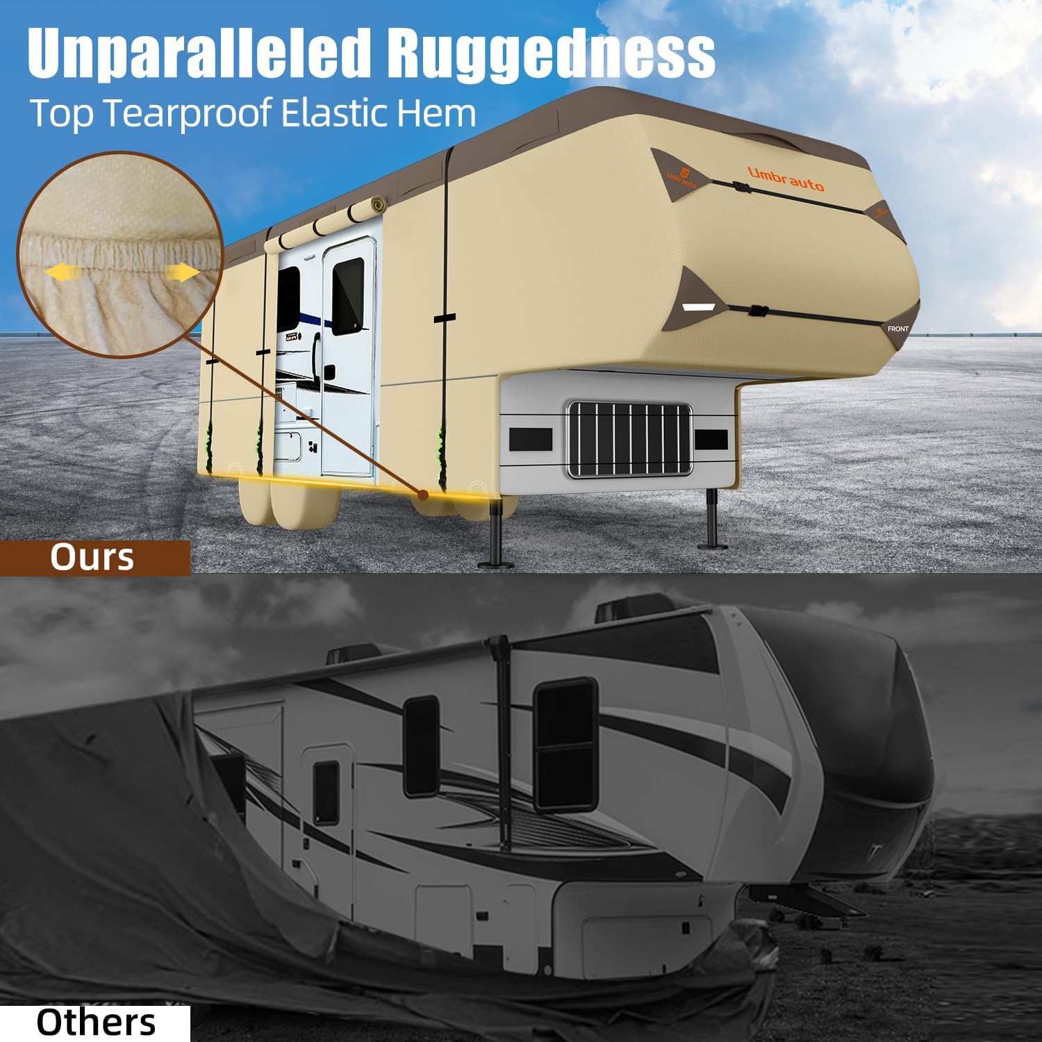 Umbrauto 5th Wheel RV Cover 7 Layers Top Waterproof Camper Cover for 40' to 44' Fifth Wheel Trailer with 4 Trailer Tire Covers, Tongue Jack Cover,Gutter Cover and Extra Windproof Ropes New