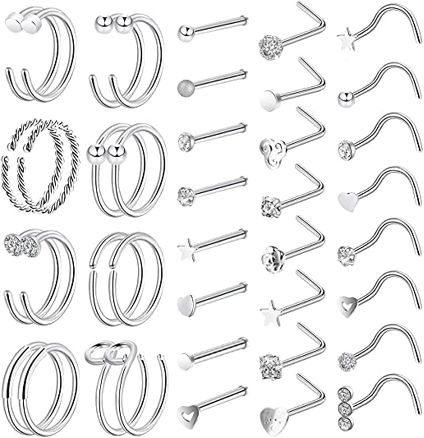 40PCS 20G Nose Rings for Women Nose Piercings Jewelry Nose Rings Hoops Nose Studs Screw 316L Stainless Steel for Women Men Silver