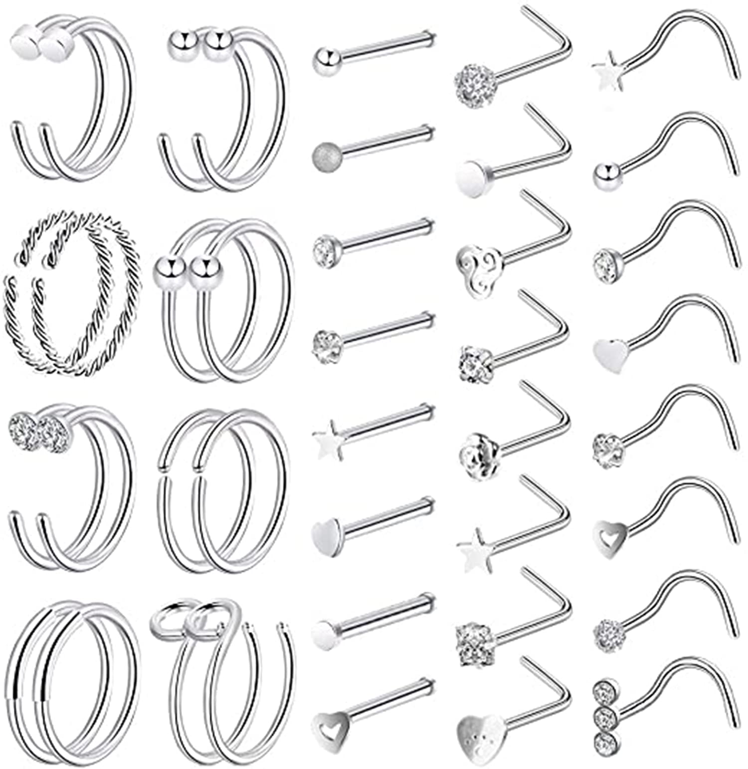 – 40PCS 20G Nose Rings for Women Nose Piercings Jewelry Nose Rings Hoops Nose Studs Screw 316L Stainless Steel for Women Men Silver