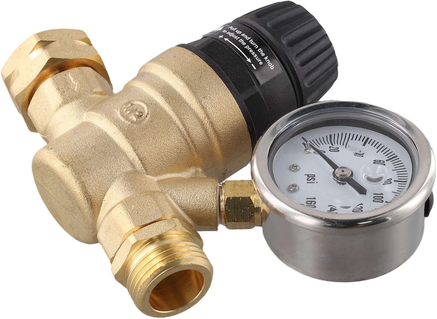 3/4 Inch Water Pressure Regulator with Gauge for RV Camper and Garden Hose, Brass Adjustable Pressure Regulator with Dual Filter, 45-160