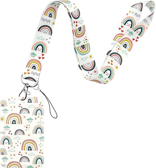 Aocar Lanyard with Hard Card Case, Neck Strap with ID Badge Holder for Offices, Keys, Credit Card, Wallet (Drawn Rainbow)