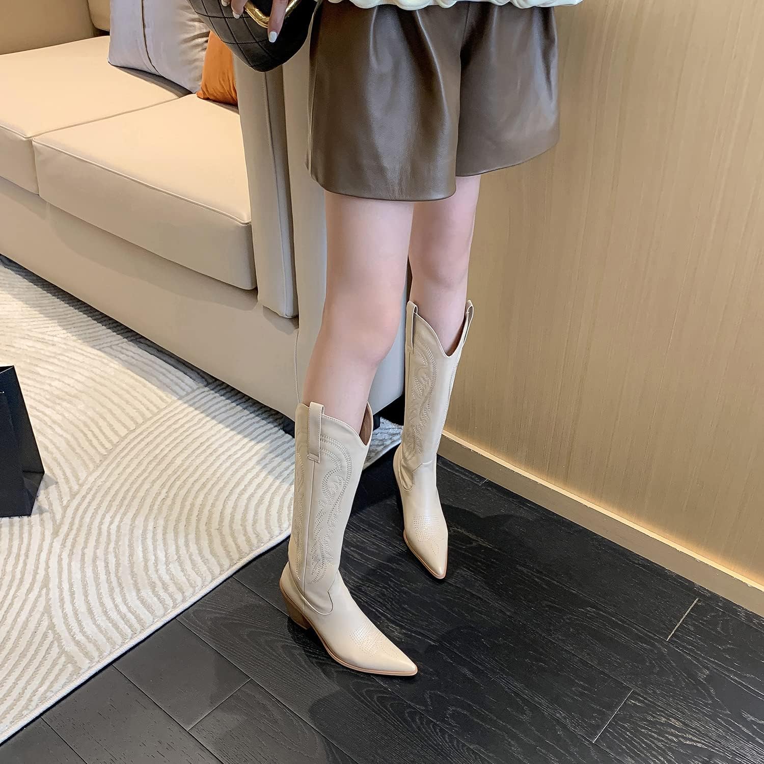 LEHOOR Women Chunky Stacked Heel Knee High Western Boots Pointed Toe Pull On 3 Inch Heel Embroidered Cowboy Cowgirl Boots Wide Calf Matte Leather Tall Riding Boots Vintage Retro Dressy 4-11 M US