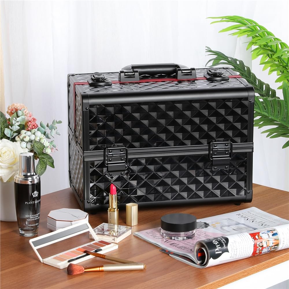 Yaheetech Maletín de Maquillaje Profesional Estuche Maquillaje Mujer Organizador de Manicura Neceser de Viaje para Esmaltes y Cosmeticos 34.7x22.2x25 cm Negro