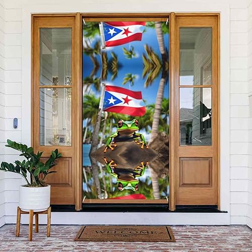 Puerto Rico Flags Frog Palm Trees Print Door Cover Banner,Front