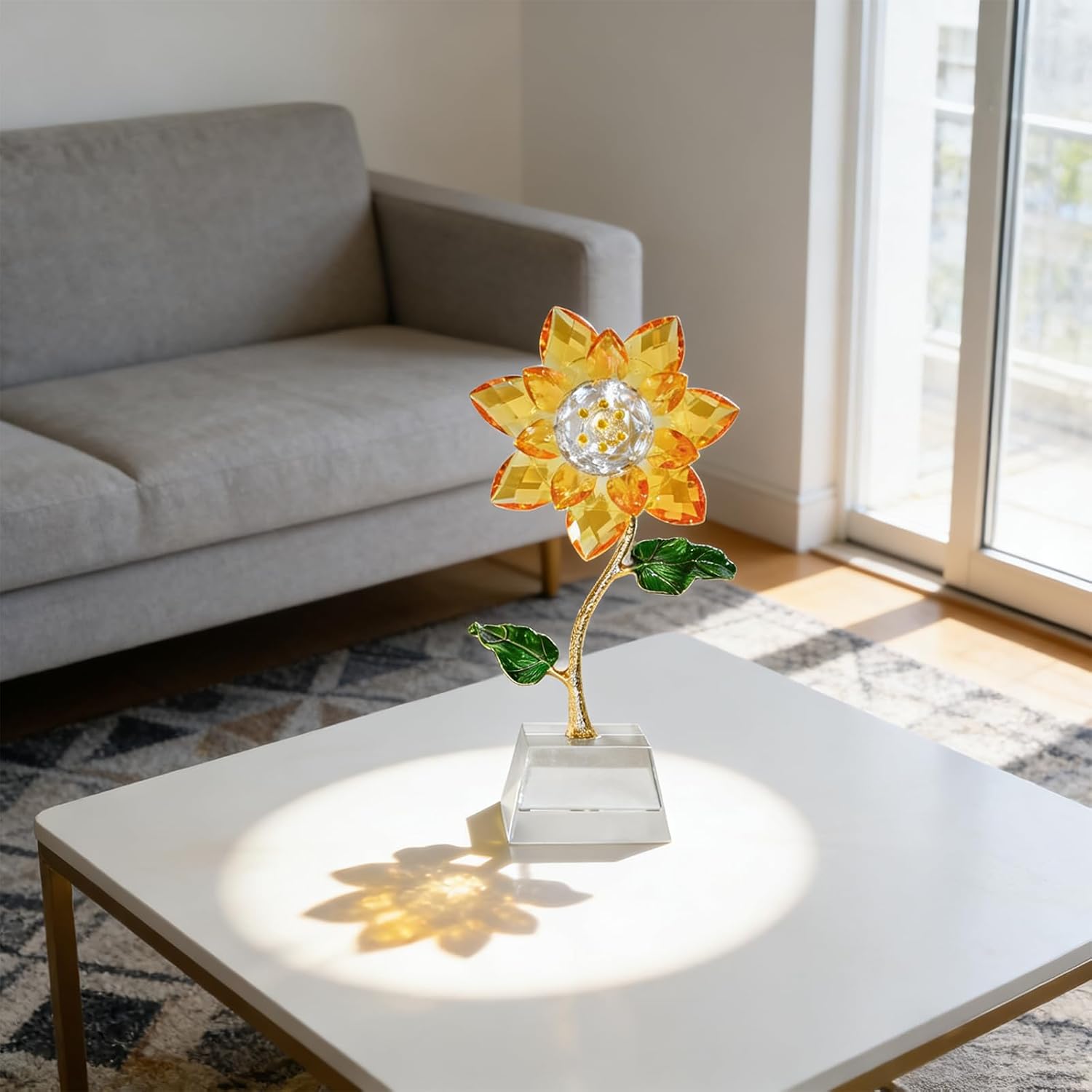 Golden Sunflower Crystal Flower Figurine with Base - Handmade Glass Crystal Sunflower Ornament with Gold-Plated Stem & Green Enamel Leaves, Tabletop Home Decor Good Luck Gift for Women