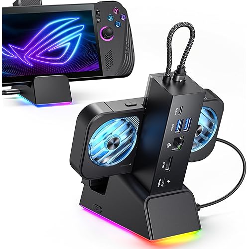 JSAUX Docking Station for ROG Ally X/ROG Ally/Steam Deck/Legion Go, 7-in-1 ROG Ally X Dock with RGB Cooling Fan, HDMI 4K@120Hz, Gigabit Ethernet, Dual USB & USB C 3.0, 100W PD Charging - HB0705